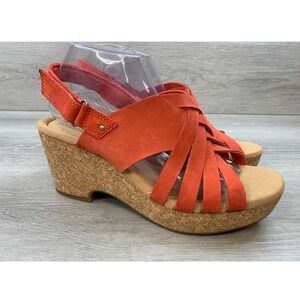 Clarks Women's Giselle Glow Grenadine Nubuck Orange Wedge Sandals 10 Leather